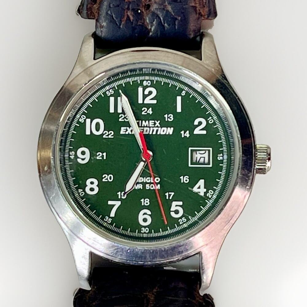 Timex Expedition Mens Watch 36mm Green Dial Leather Indiglo Date *Needs Battery - Picture 7 of 13